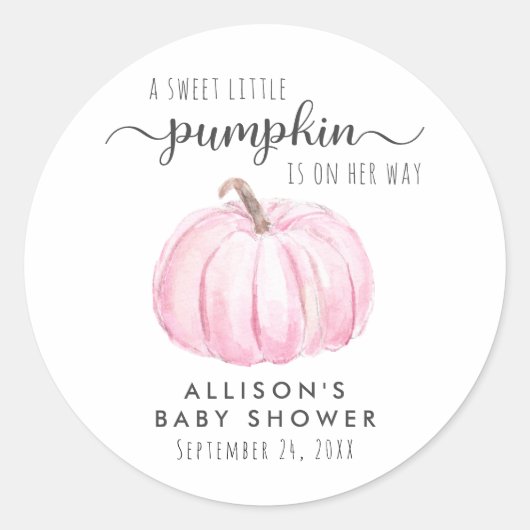 ピンクのカボチャの水の色ベビーガールシャワー ラウンドシール (正面)