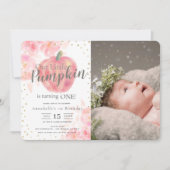 ピンクのカボチャの水彩ガール写真 1歳の誕生日 招待状 (正面)