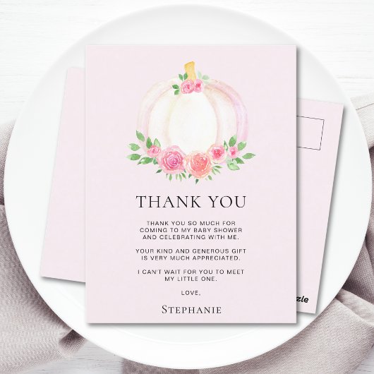 ピンクのカボチャの秋の女の子のベビーシャワーお礼 ポストカード