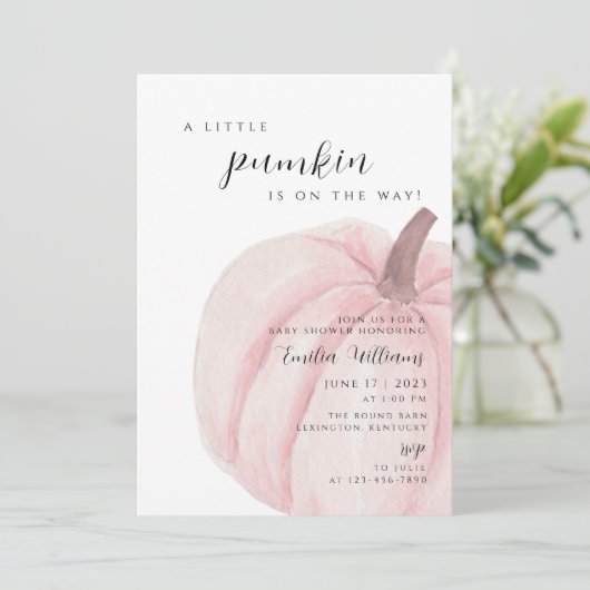 ピンクのカボチャの赤ちゃんシャワーガール 招待状 (スタンド正面)