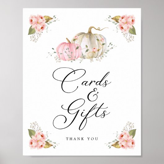 ピンクのカボチャ女の子の赤ちゃんシャワーカードとギフトサイン ポスター (正面)