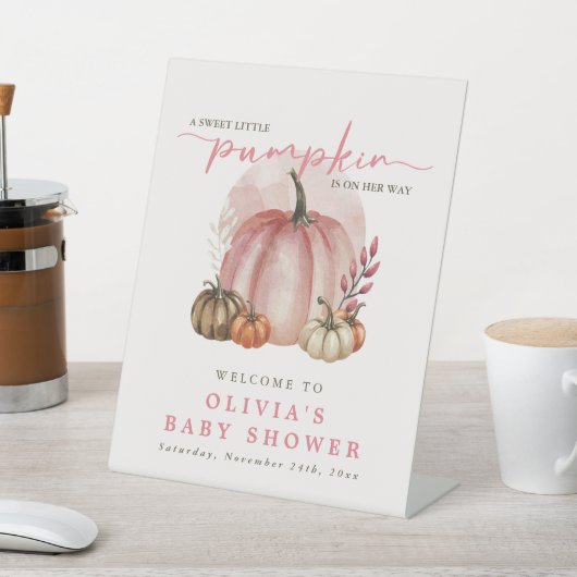 ピンクのカボチャ彼女の方法で女の子の赤ちゃんシャワー歓迎 台座サイン (インサイチュ)