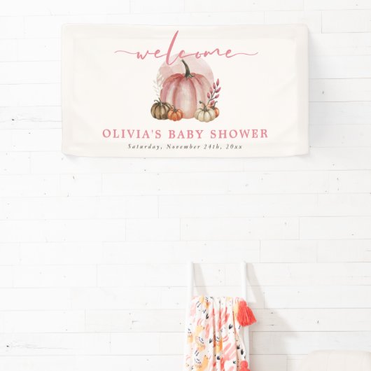 ピンクのカボチャ彼女の方法で女の子の赤ちゃんシャワー歓迎 横断幕 (インサイチュ)