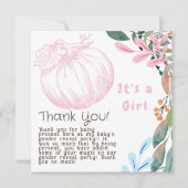 ピンクのカボチャ性別がパーティーを明かす女の子 サンキューカード (正面)