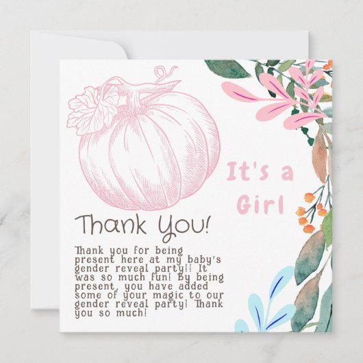 ピンクのカボチャ性別がパーティーを明かす女の子 サンキューカード (正面)