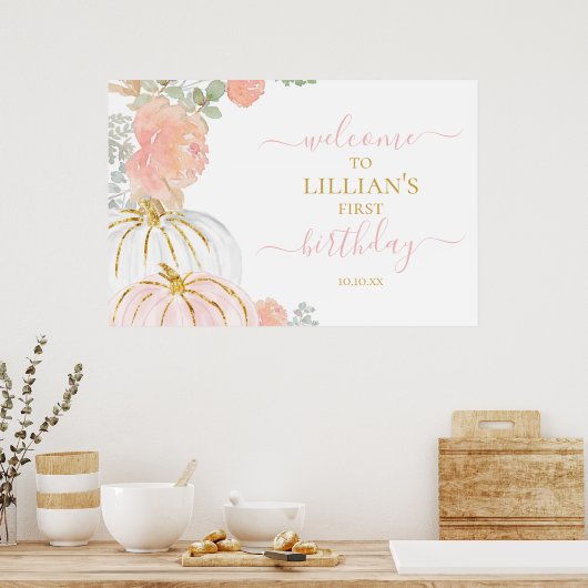 ピンクのカボチャ歓迎の看板ポスター ポスター (キッチン)