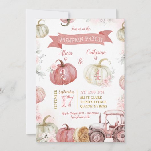 ピンクのカボチャ畑の姉妹の共同誕生日 招待状 (正面)