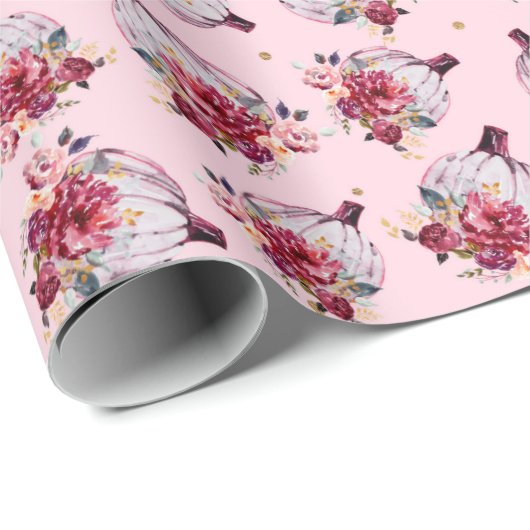 ピンクのカボチャ秋フローラ水彩秋のパターン ラッピングペーパー (ロールコーナー)