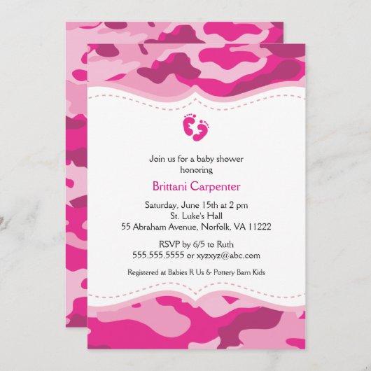 ピンクのカムフラージュの女の子のベビーシャワーの招待状 招待状 (正面/裏面)