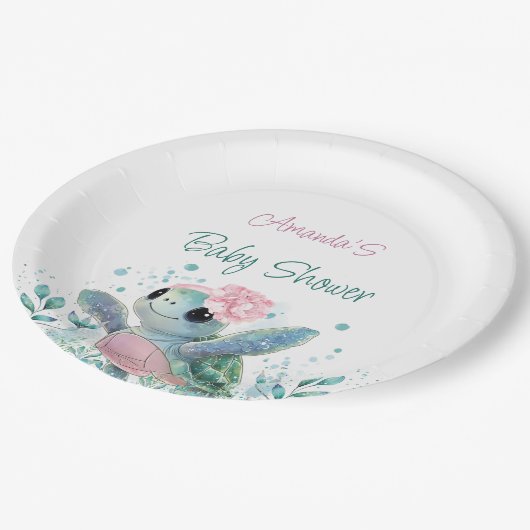 ピンクのカメの女の子の赤ちゃんシャワー ペーパープレート (アングル)
