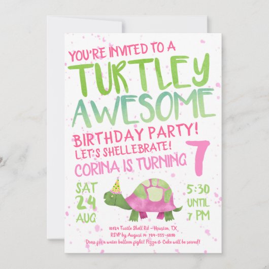 ピンクのカメの誕生日パーティー招待状 招待状 (正面)