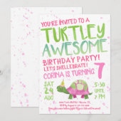 ピンクのカメの誕生日パーティー招待状 招待状 (正面/裏面)