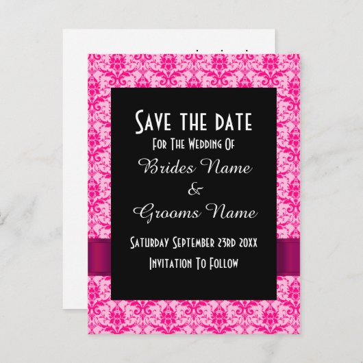 ピンクのカラフルダマスクの日付を保存 案内ポストカード (正面/裏面)