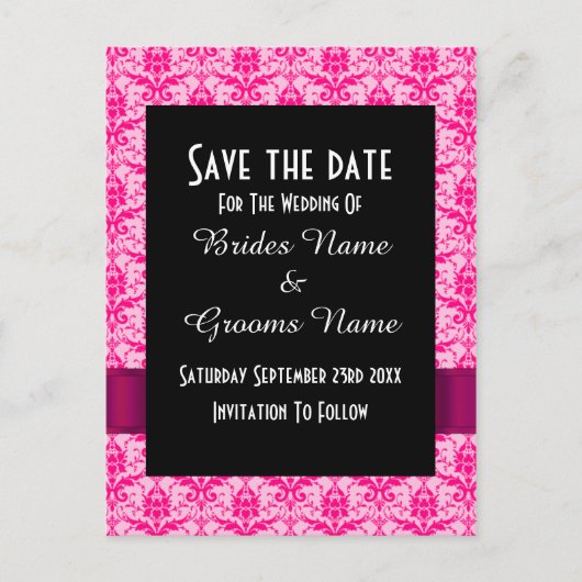 ピンクのカラフルダマスクの日付を保存 案内ポストカード (正面)