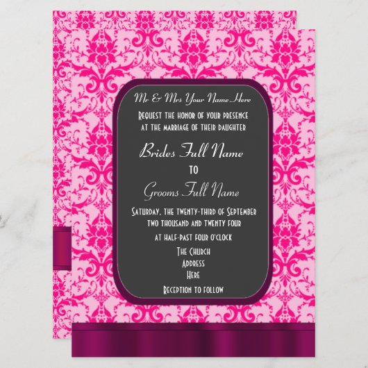 ピンクのカラフルダマスクの結婚式 招待状 (正面/裏面)