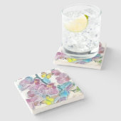 ピンクのカラフル蘭の花の蝶の水色 ストーンコースター (横)