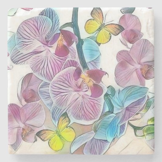 ピンクのカラフル蘭の花の蝶の水色 ストーンコースター (正面)