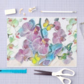 ピンクのカラフル蘭の花の蝶の水色 薄葉紙 (クラフト)