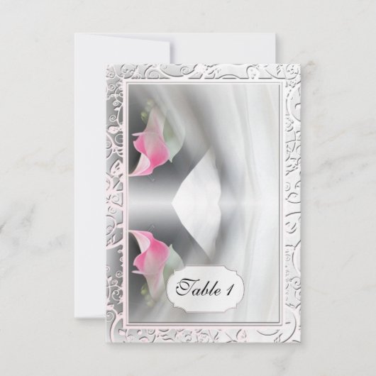 ピンクのカラー リリー フロリッシュ ウェディング プレース カード (正面)