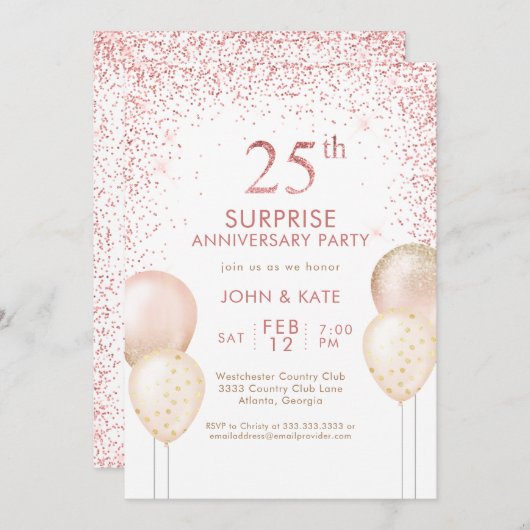 ピンクのカリグラフィーサプライズ 25周年 招待状 (正面/裏面)