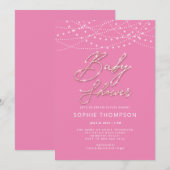 ピンクのカリグラフィーラスティックライトガールベイビーシャワー 招待状 (正面/裏面)