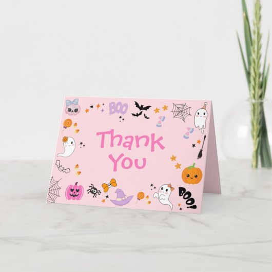 ピンクのカワイイおばけ ハロウィン1歳誕生日 サンキューカード (正面)
