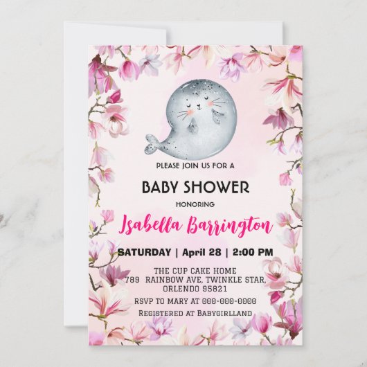ピンクのカワイイアシカの花のフラワーベイビーシャワーキッズ 招待状 (正面)