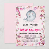 ピンクのカワイイアシカの花のフラワーベイビーシャワーキッズ 招待状 (正面/裏面)