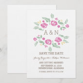 ピンクのカントリー フラワー モノグラム Save the Date 招待状 (正面/裏面)