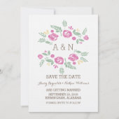 ピンクのカントリー フラワー モノグラム Save the Date 招待状 (正面)
