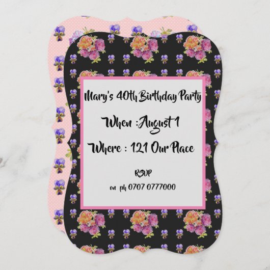 ピンクのカントリー ローズ フラワー 40歳の誕生日招待状 招待状 (正面/裏面)