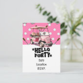 ピンクのカートに乗るゴルフの40歳の誕生日 女性ゴルファー ポストカード (スタンド正面)