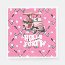 ピンクのカートの女性ゴルファーとゴルフ40th誕生日