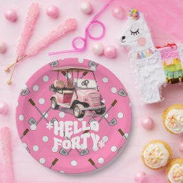 ピンクのカートの女性ゴルファーとゴルフ40th誕生日 ペーパープレート