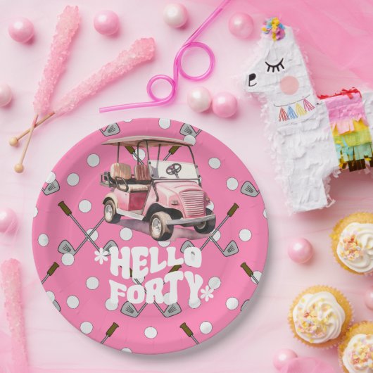 ピンクのカートの女性ゴルファーとゴルフ40th誕生日 ペーパープレート (パーティー)