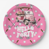 ピンクのカートの女性ゴルファーとゴルフ40th誕生日 ペーパープレート (正面)