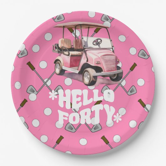 ピンクのカートの女性ゴルファーとゴルフ40th誕生日 ペーパープレート (正面)