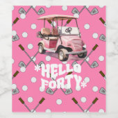 ピンクのカートの女性ゴルファーとゴルフ40th誕生日 ワインラベル (シングルラベル)