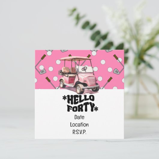 ピンクのカートの女性ゴルファーとゴルフ40th誕生日 招待状 (スタンド正面)