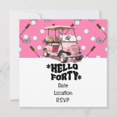 ピンクのカートの女性ゴルファーとゴルフ40th誕生日 招待状 (正面)