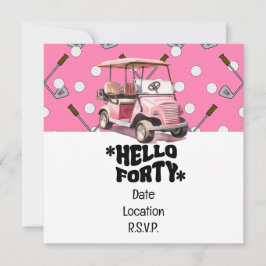 ピンクのカートの女性ゴルファーとゴルフ40th誕生日 招待状