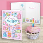 ピンクのカードに16誕生日ブライトパステルアイコン カード<br><div class="desc">16誕生日の明フェミニンるいパステルの誕生日カードは、お祝いのためにすべてでいっぱいである。ケーキ、プレゼント、風船、花、パーティー帽子がピンク色の背景にカードを埋め、カードの内側に底を型枠す縁どる。</div>