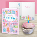 ピンクのカードに21歳の誕生日の明るいパステルアイコン カード<br><div class="desc">21歳の誕生日フェミニンの明るいパステルの誕生日カードは、お祝いのためにすべてのでいっぱいである。ケーキ、プレゼント、風船、花、パーティー帽子がピンク色の背景にカードを埋め、カードの内側に底を型枠す縁どる。</div>