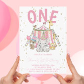 ピンクのカーニバルサーカスのお子様の1歳の誕生日 招待状