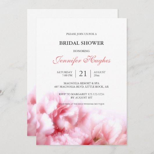 ピンクのカーネーションのブライダルシャワーの招待状 招待状 (正面/裏面)