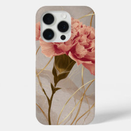 ピンクのカーネーションの花とゴールド iPhone 15 PROケース