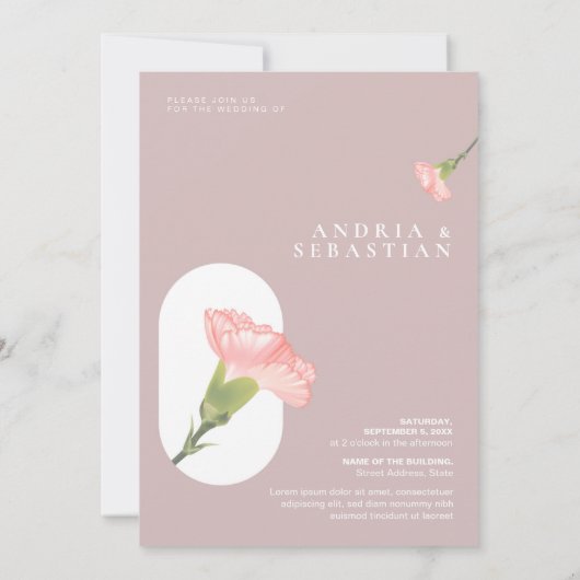 ピンクのカーネーションの花とピンクのテーマ結婚のインビ 招待状 (裏面)