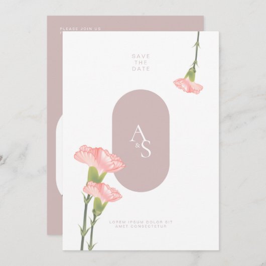 ピンクのカーネーションの花とピンクのテーマ結婚のインビ 招待状 (正面/裏面)