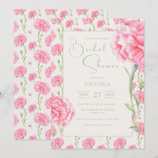 ピンクのカーネーションの花のブライダルシャワーの招待状 招待状 (正面/裏面)