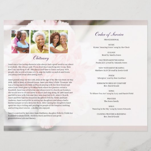 ピンクのカーネーションを使った葬儀プログラムテンプレート (裏面)